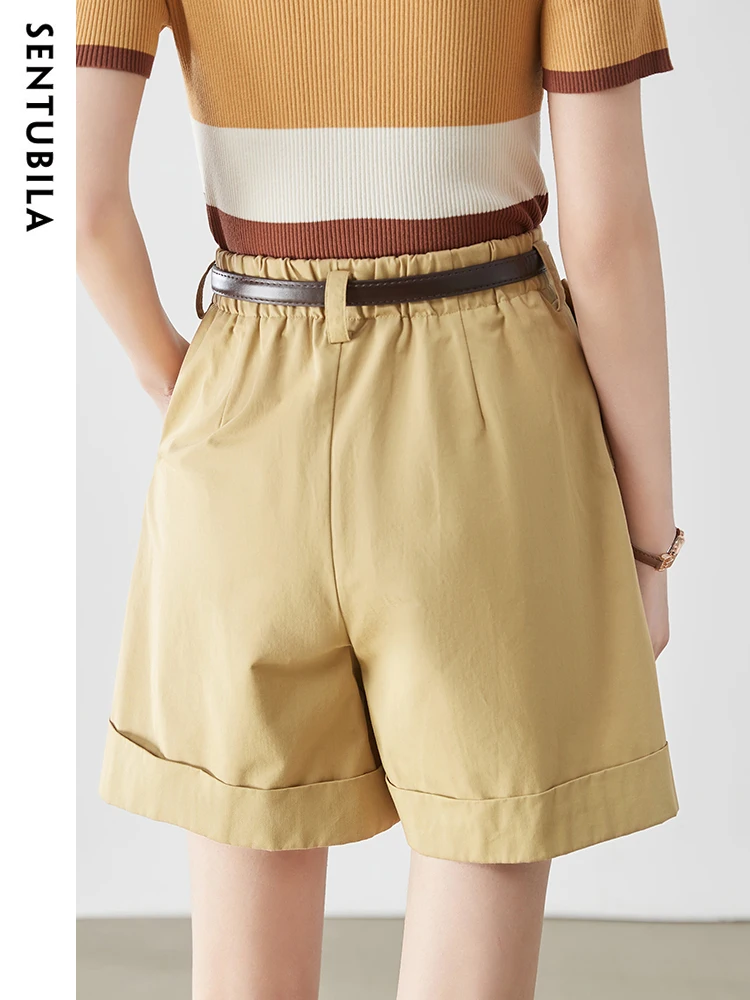 Sentubila 100% Cotton Khaki Summer Shorts Pants for Women 2023 Fashion Office Lady Elastic High Waist Straight Wide Leg Pant