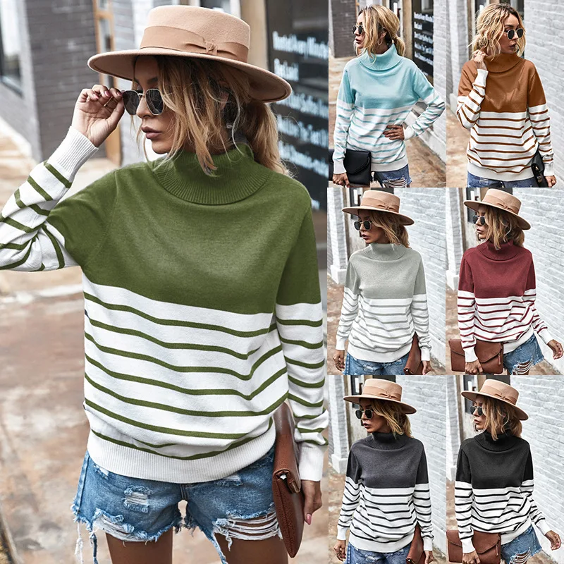 

Autumn Patchwork Knitted Stripe Women's Sweaters Turtleneck Long Sleeve Female Pullover Streetwear Casual Fashion Ladies Sweater