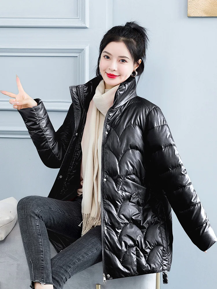 New Winter Jacket Cold Warm Outerwear Womens Long No Wash Glossy Down Cotton Jackets Casual stand collar Parka Windproof Coat