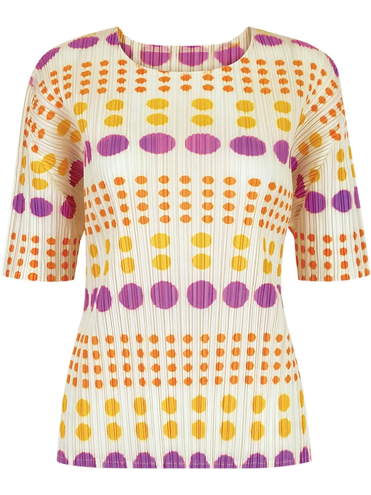 

Новинка лета 2023, плиссированные Женские топы в горошек с круглым вырезом и короткими рукавами в Корейском стиле, милые и универсальные женские топы в горошек с принтом