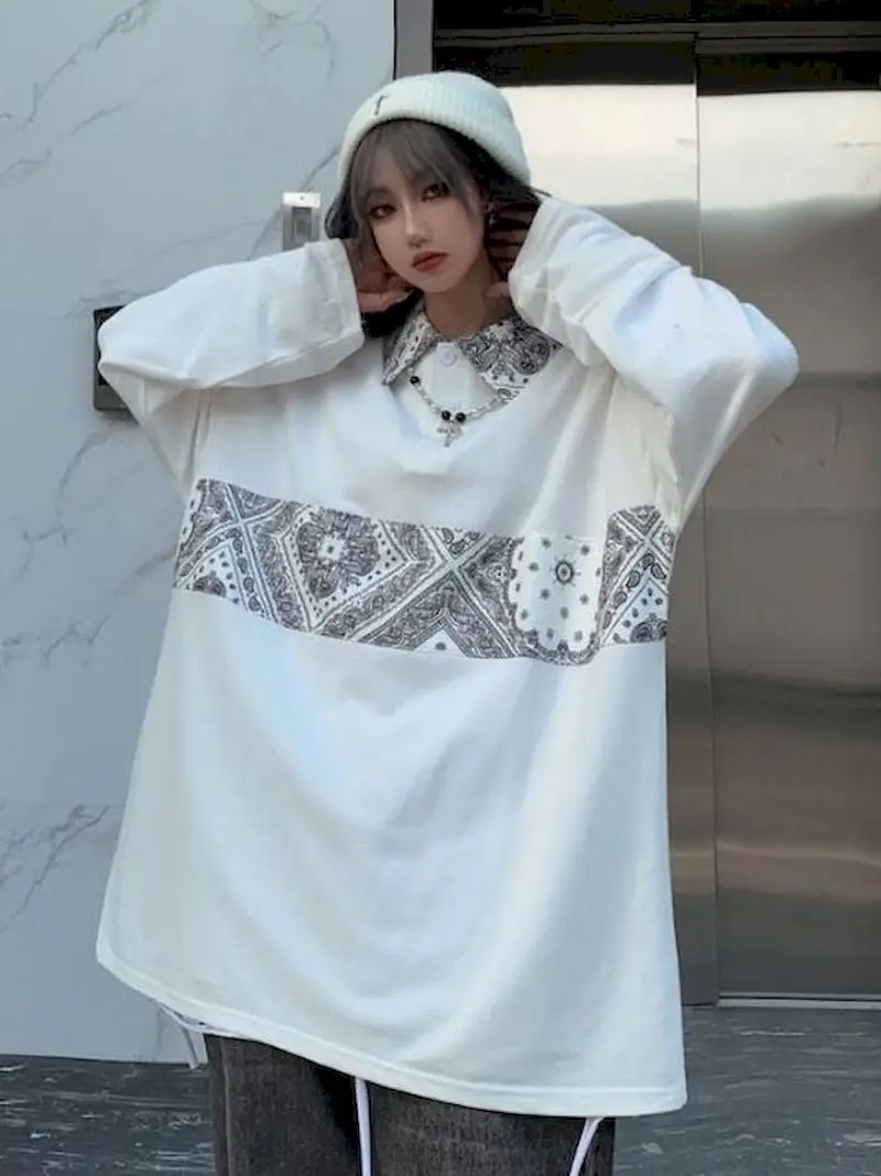 

T-shirt Women's Cashew Flower Stitching Polo Collar 2022 Spring and Autumn New Harajuku Style All-match Long-sleeved Top Trendy