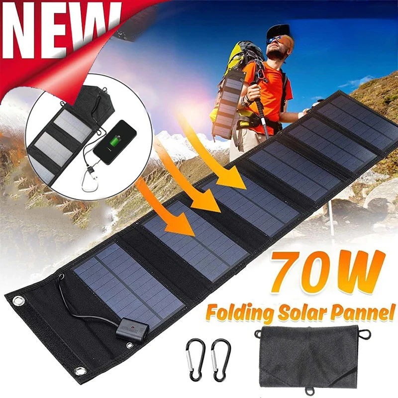 Cargador de células solares plegable de 70W para exteriores, dispositivos de salida USB de 5V, Kit de paneles solares impermeables plegables portátiles para carga de teléfono