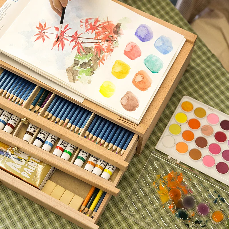 Kup 40.9x25.9cm Desktop Easel Wooden Storage Painting Box 3-layer Drawer Portable Oil Painting Box Sketch Pencil Tool Box