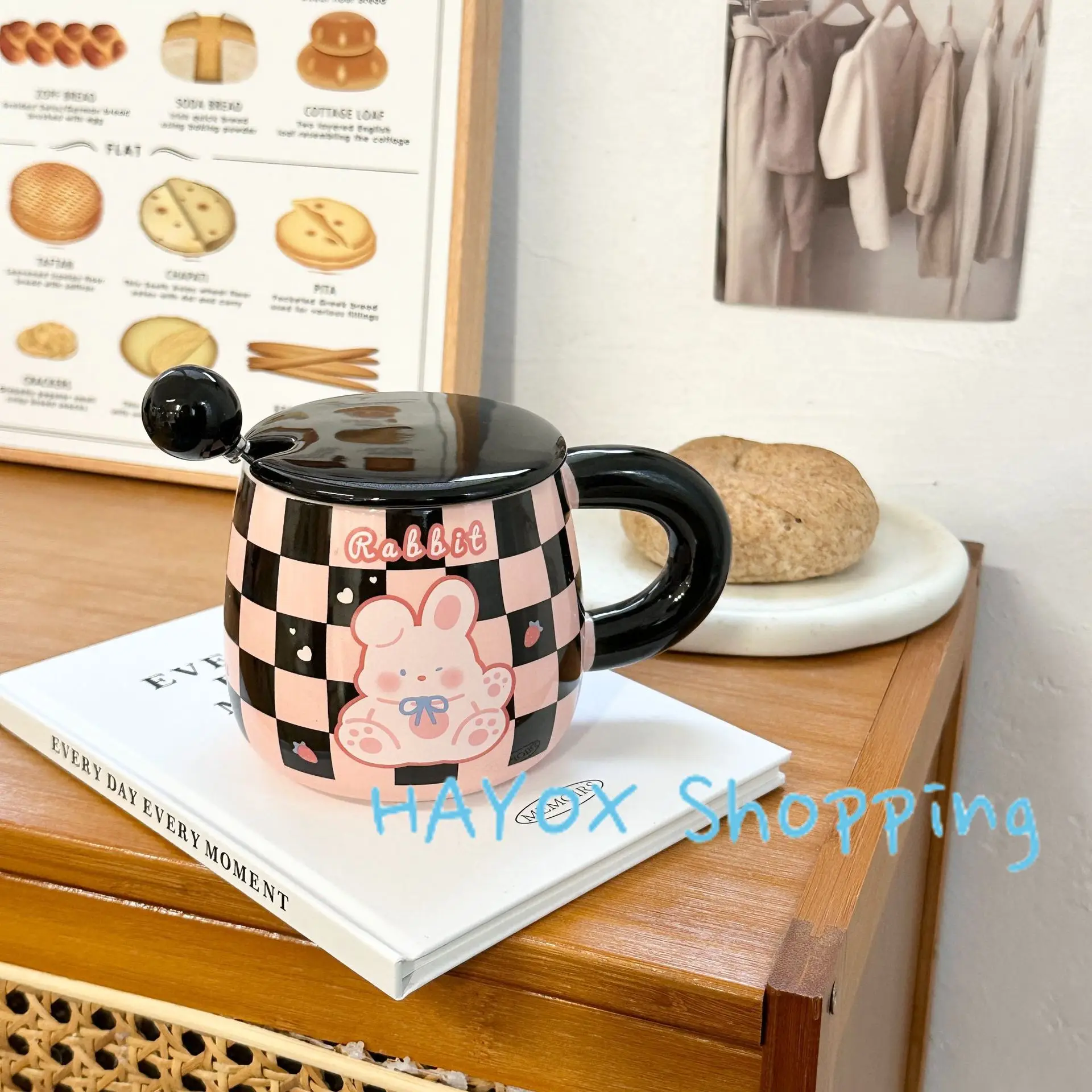 Кружка с розовым котом мультяшная керамическая чашка крышкой и ложкой Офисная