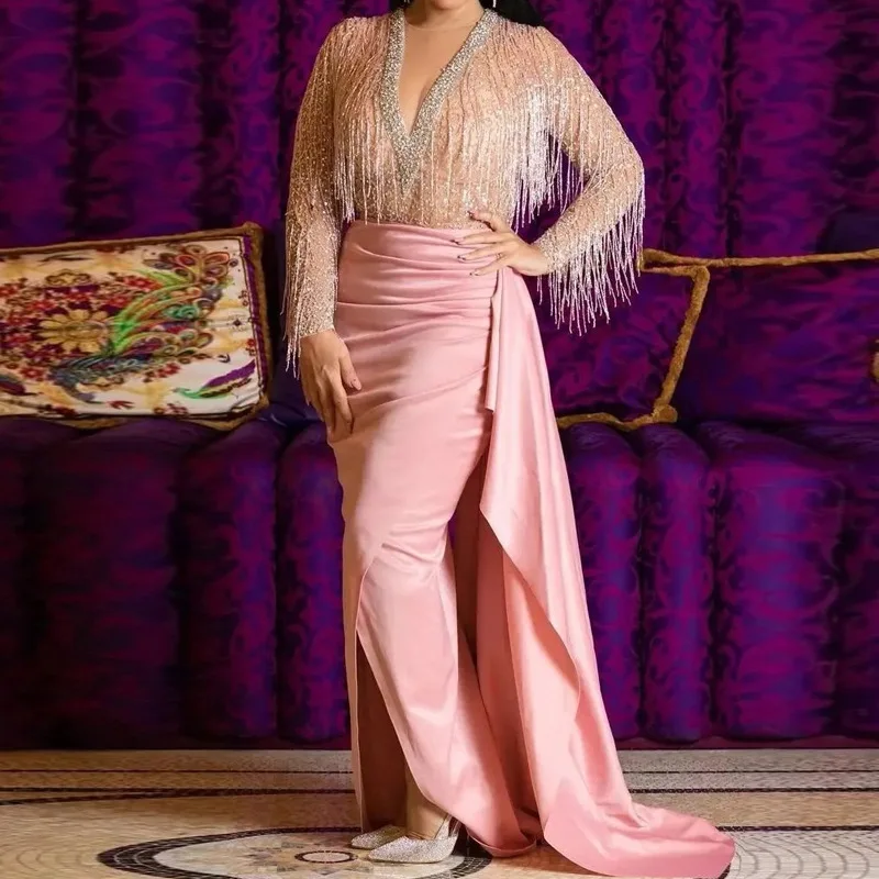 2022 New arrival fashion sexy V-neck tassel slim fit elegant split gown long sleeved temperament casual ladies evening dress