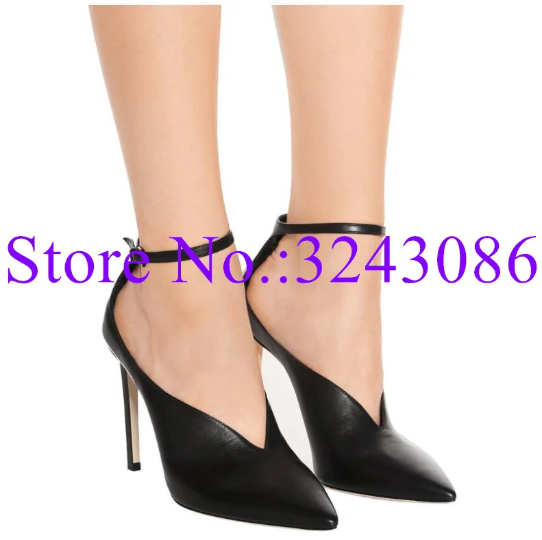 

Новые черные кожаные женские туфли-лодочки с пряжкой на щиколотке модные туфли с острым носком на шпильке под платье на высоком каблуке пикантные женские туфли большого размера для банкета