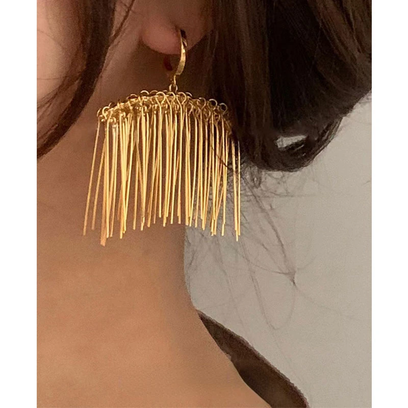 

2023 Exaggerate Ear Buckle Pine Needles Paperclip Light Luxury Long Tassel Metal Charm Hoop Earrings for Women Party Jewelry