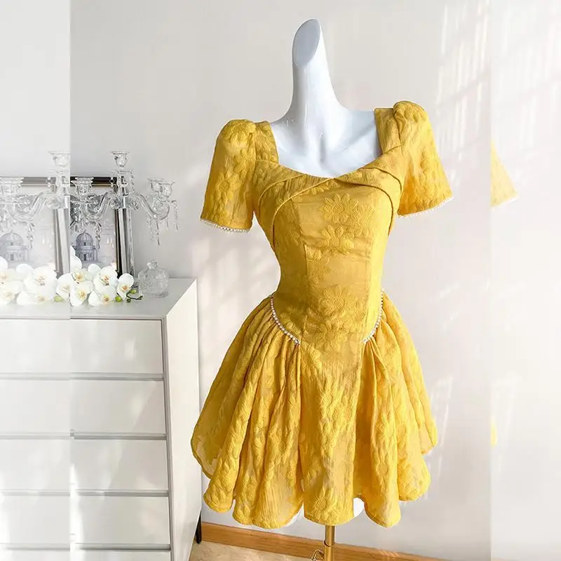 

2023 New Fashion Yellow Square Neck A-line Short Dress Women's Summer Princess Short Sleeve Beads Party Clothes Vestidos L105