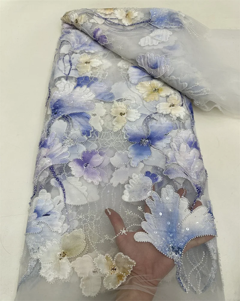 Новейшая роскошная 3D цветочная вышивка с блестками африканская кружевная ткань 5
