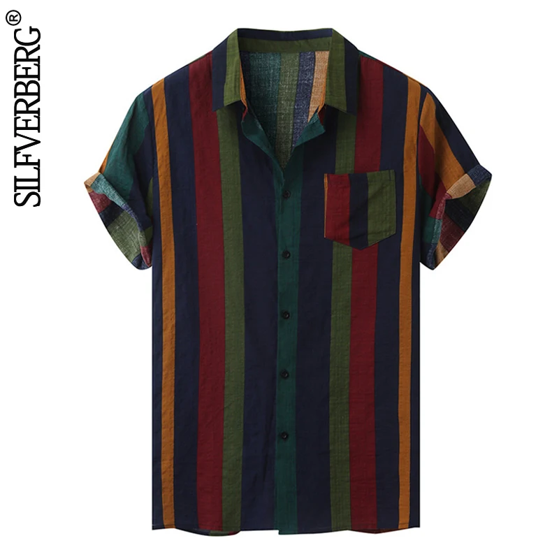 Hawaii Men Shirt Blouse Multicolor Stripes Loose Short Sleeve Casual Buttons Cotton Beach Shirt Men Camisas Para Hombre S-3xl