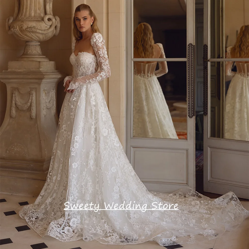 Фото Gorgeous Lace Wedding Dress Robe De Mariee Customized Sweetheart Long Sleeves Court Train Illusion Back Bridal Gown №1