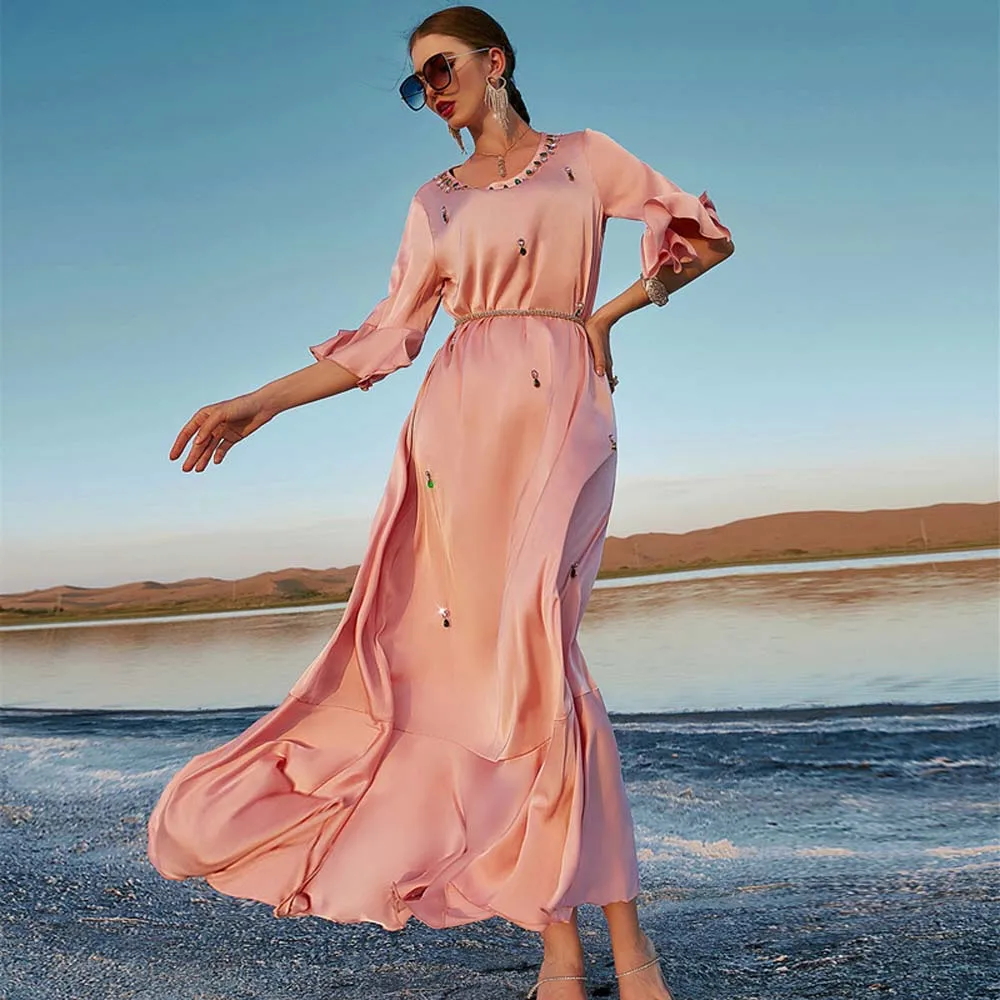

Dubai Elegant New Pink Dress New Handmade Diamond High-end Dress With Belt Short Sleeve Event Dresses Muslim Abaya Islam Turkey