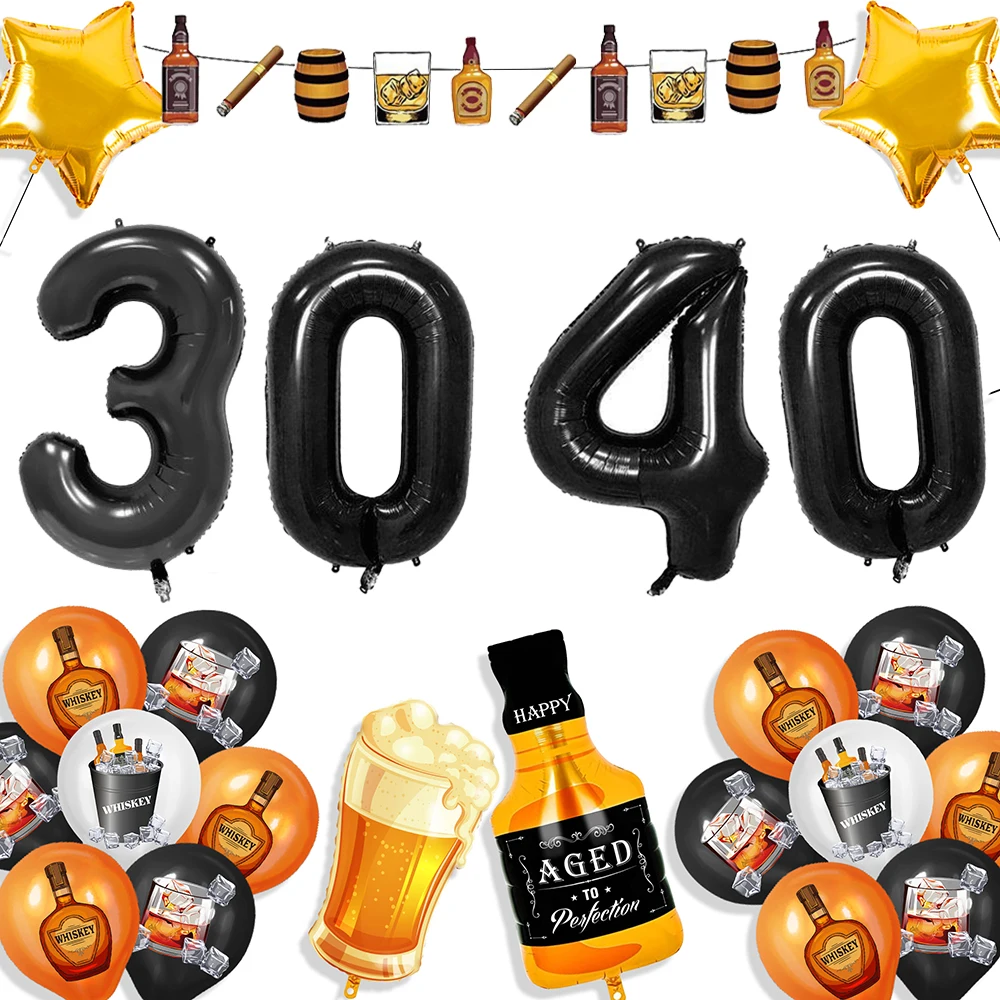 

Whiskey 30th 40th Birthday Black Number Balloon Whisky Bottle Beer Cup Balloons for Men Aged to Perfection Birthday Party Decors
