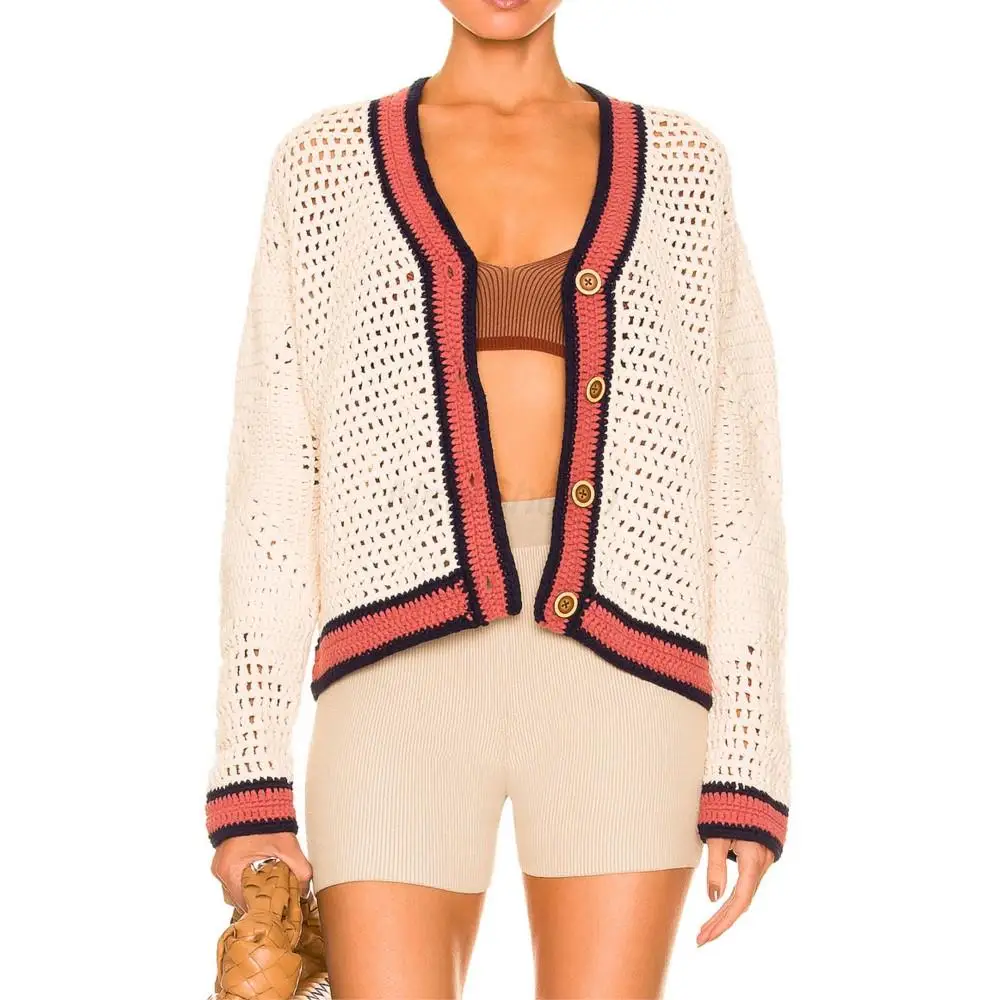 

100% Cotton Knit Cardigan Women Sweater Long Sleeve Hollow Out Single Breasted V-Neck Coat Winter Soft Elegant Women's Clothing