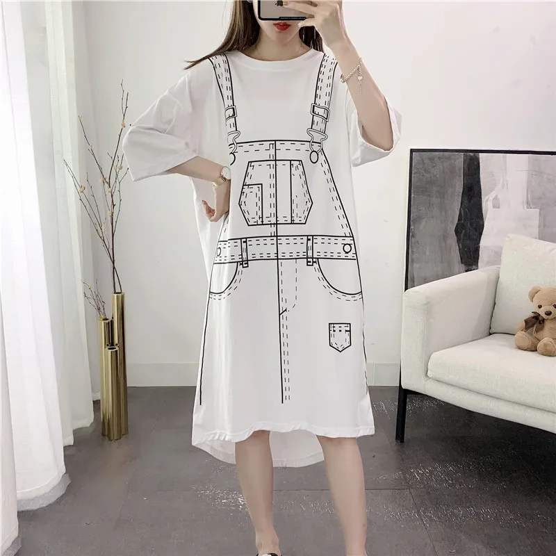 

Dress Women Summer Half-sleeve Printed Mid-calf Preppy Style Harajuku Loose H-line Fake-two Pieces Korean-style Simple Casual