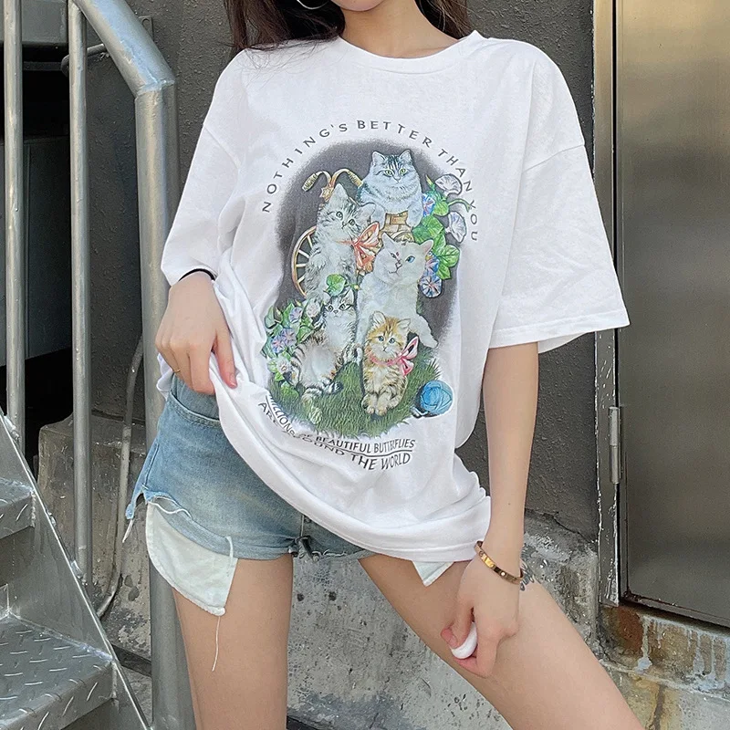 Korean Version of Harajuku Casual Animal Print White Oversized T-shirt Kawaii Summer Top Graphic Fashion Loose T-shirt 2022 new