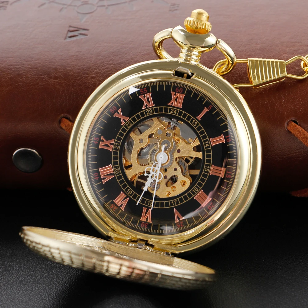 Golden Luxury Wood Transparent Movement Mechanical Pocket Watch Vintage Gentleman Analog Signal Clock Women's Jewelry Gift