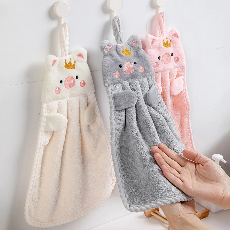 

Cartoon Pig Children's Hand Towel Soft Coral Fleece Wall-mounted Wash Cloth Wipe Handkerchief Quick Dry Absorbent Kitchen Towels