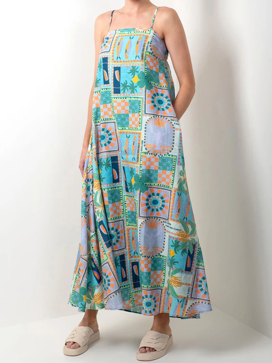 Женское яркое платье Y2k в стиле бохо на тонких бретельках макси-платье с