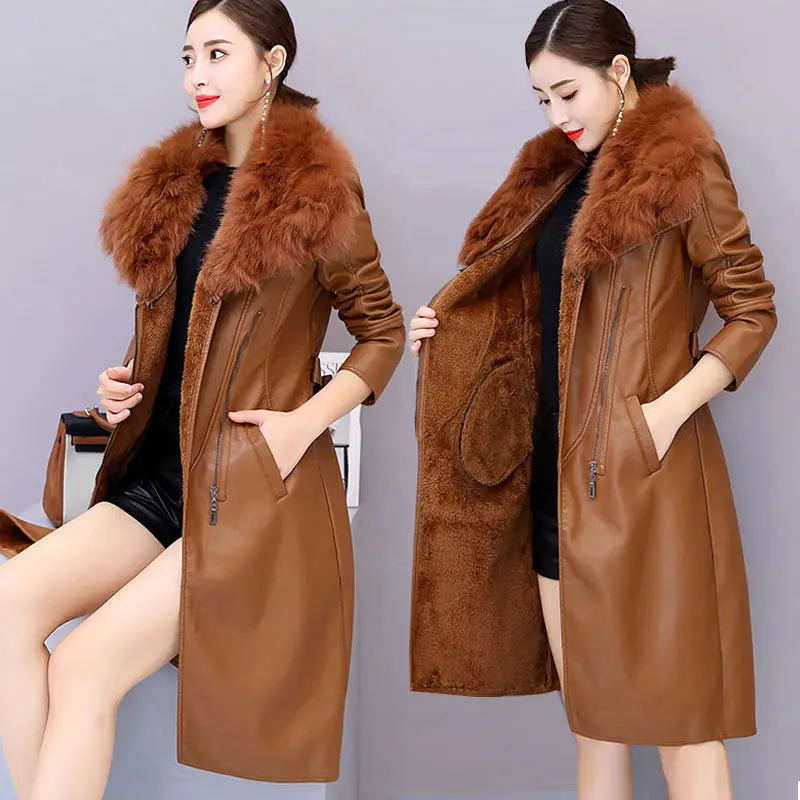 Black Winter Coats Big Collar Long Slim PU Leather Jacket Women 2022 New Plush Thick Warm Korean Fashion Tops Famale Clothing