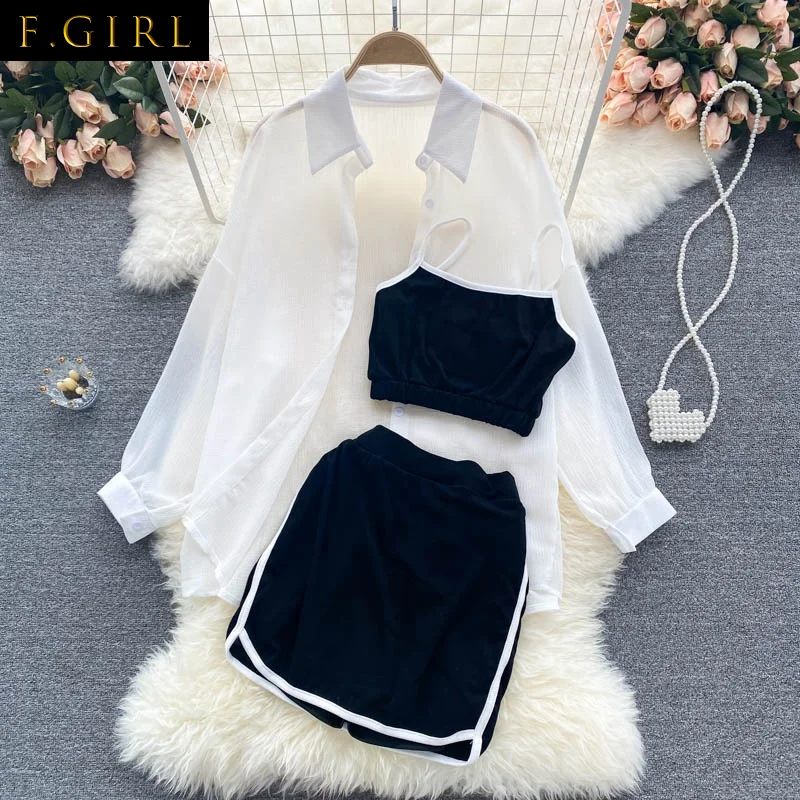

F GIRLS Summer New 3 Pieces Sets Women See Through Long Sleeve Blouse Sexy Camisole High Waist Mini Skirts Casual Outfits