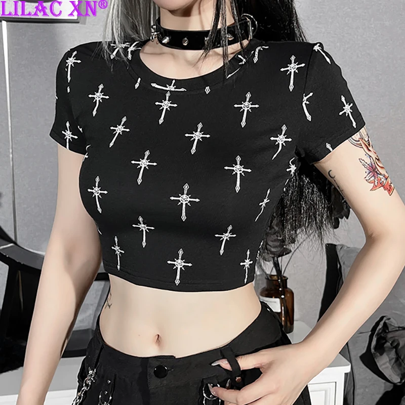 

Y2K Cross Print Corset Crop Top Aesthetic Harajuku Short Sleeve O Neck T-Shirts Fairy Grunge Fashion Summer Crop Tops Streetwear