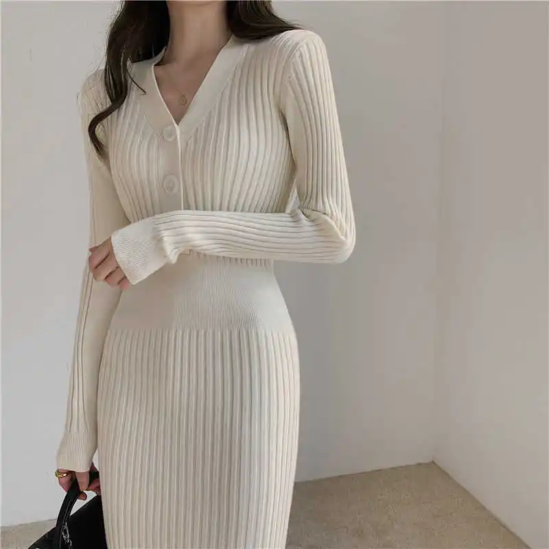

2022 Autumn Winter Women's Woolen V-neck Knitted Party Long Sleeve White Bodycon Casual Dress Elegant Ladies Dresses Harajuku