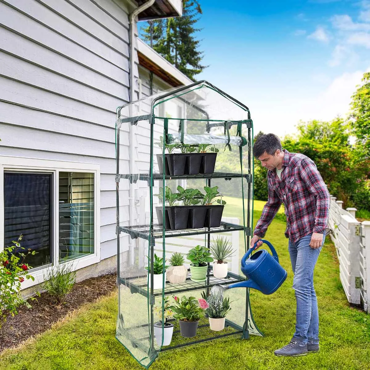4 Tiers Cloche Greenhouse with Zipper Doors Portable Planting Greenhouse with Steel Wire Frame PVC Cover Out for Indoor Outdoor