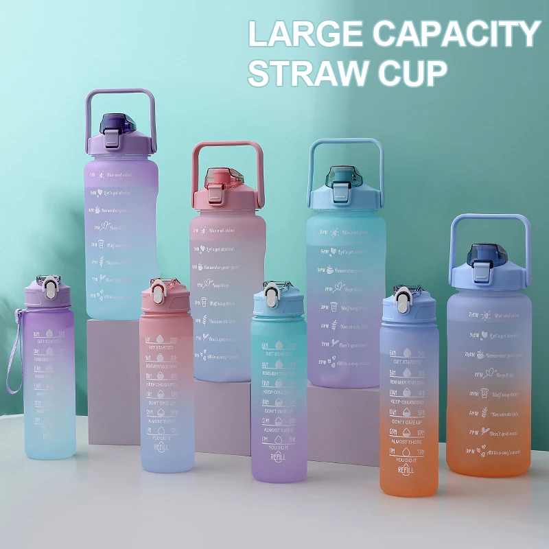 

Water Bottle 2 Liters Large-capacity With Straw Sports Water Bottle With Time Marker Stickers Portable Travel Cold Water Bottles