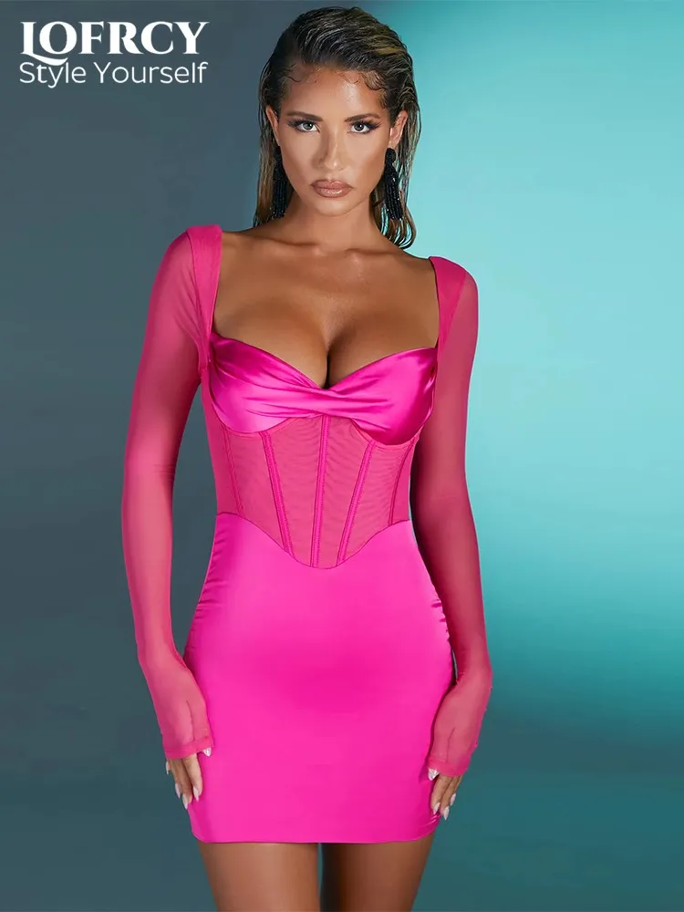 

Осеннее высококачественное Сетчатое атласное платье-корсет Lofrcy с длинным рукавом, Новое поступление 2022, женские Клубные наряды знаменитос...