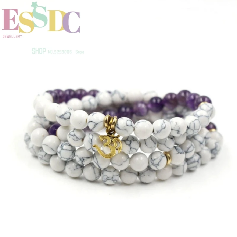 

Natural White Howlite Purple Crystal Beads 108 Mala Multi Circle Energy OM Yoga Healing Bracelets or Long Necklace