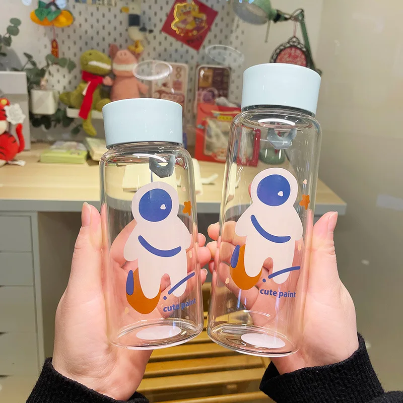 

360ml 480ml Cartoon Glass Water Bottle Cute Milk Tea BPA Free Clear Drink Water Bottles With Handle Ring Office Coffee Cups