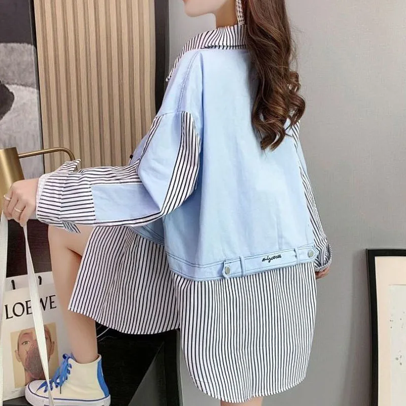 Полосатый пэчворк мода поддельные две части рубашка пальто весна осень с длинным