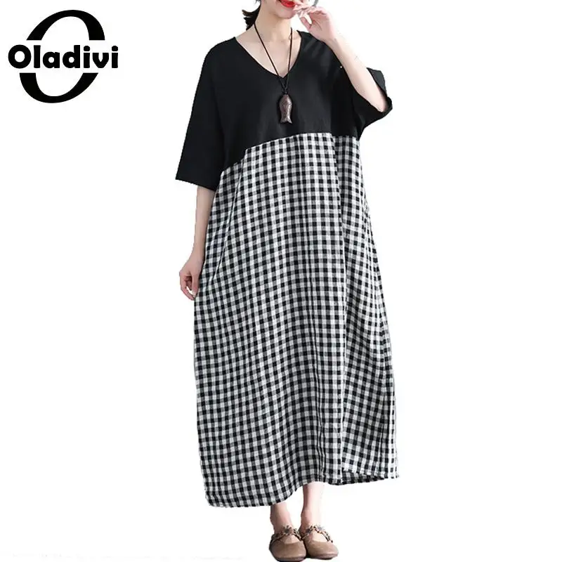 

Брендовое женское Модное Длинное Платье Oladivi в клетку большого размера с коротким рукавом, Новинка лета 2022, повседневные платья в стиле пэчв...