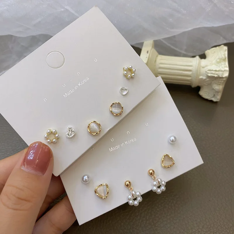 

S925 Silver Needle French Retro Cat's Eye Geometric Stud Earrings Set Personality Small Simple Gentle Versatile Earrings