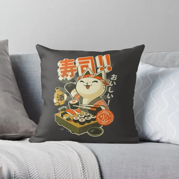 

Sushi Chef Cat Funny Restaurant Kitty Printing Throw Pillow Cover Wedding Home Soft Bedroom Square Office Pillows not include