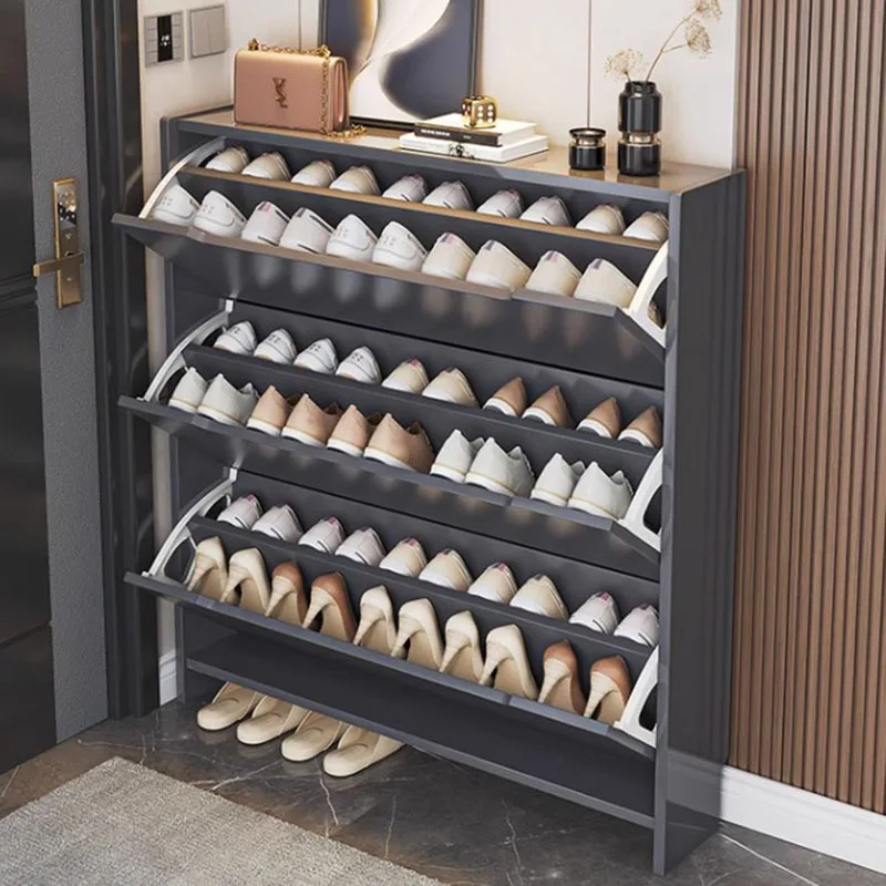Многоуровневая стойка для обуви черная Пылезащитная компактная мебель прихожей