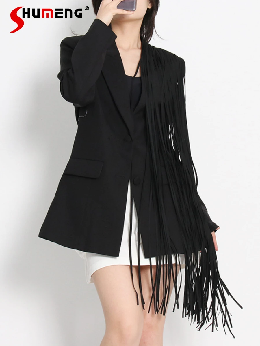 

Street 2022 Spring Fall New Suit Collar Long Sleeve Black Straight Suit Jacket Women Heavy Tassel Single-Breasted Blazer Coats