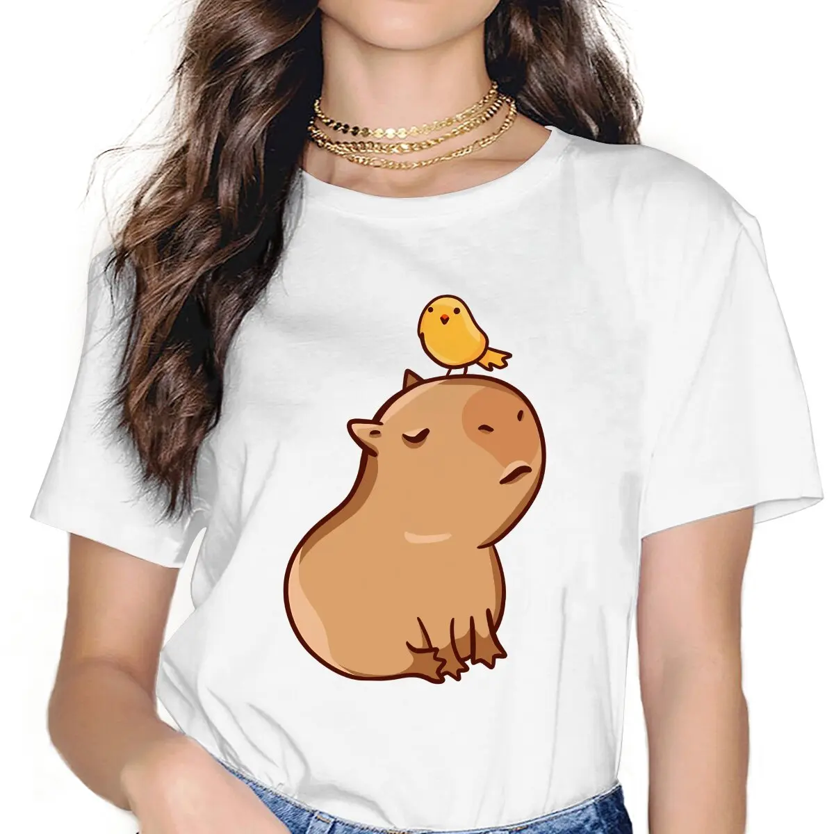 

With a Yellow Bird Women TShirt Capybara Animal Girls Y2k Graphic Tops O-neck Polyester Female T Shirt Funny Gift