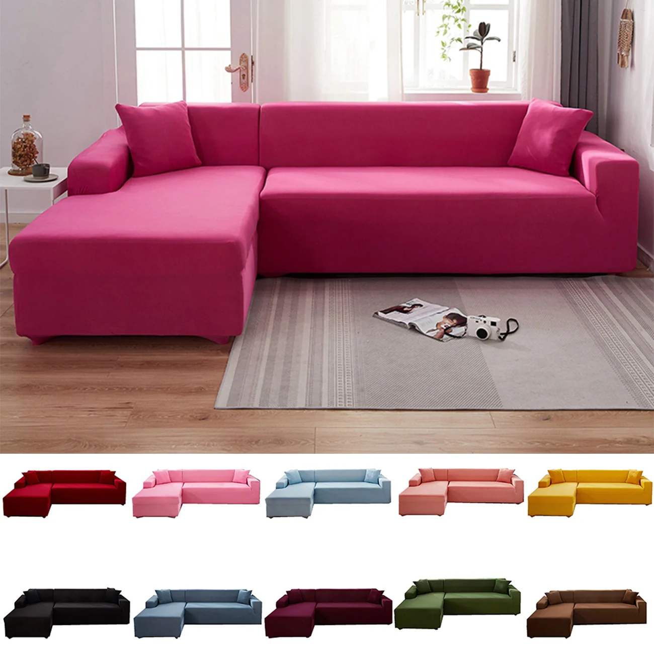 

Pink Solid Color L Shape Protection Chaise Longue Covers Elastic Corner Sectional Sofa Cover for Living Room 2 3 4 Seater Couch