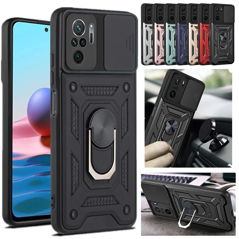 

Armor Slide Camera Lens Protection Case for Xiaomi Redmi Note 10 9 8 Pro Poco F3 M3 X3 NFC Mi 11 T Pro Ring Holder Cover Fundas