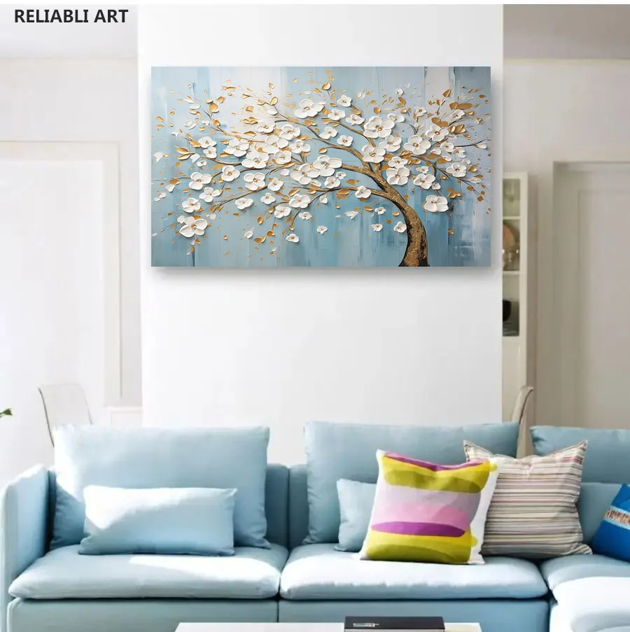 Абстрактный белый цветок дерево золотые листья синий фон Настенный декор