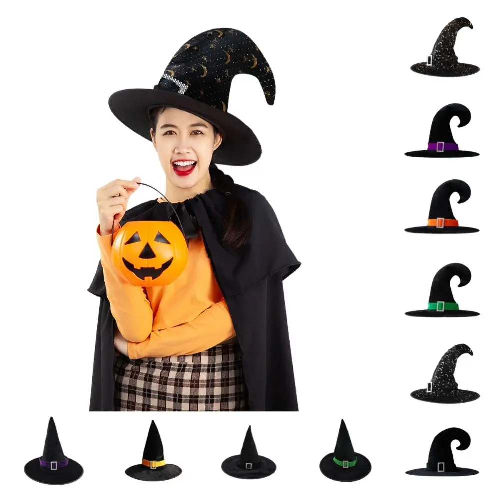 

Velvet Halloween Witch Wizard Hat Casual Style Satin Ribbon Gilding Bending Angle Costume Props Carnival Party
