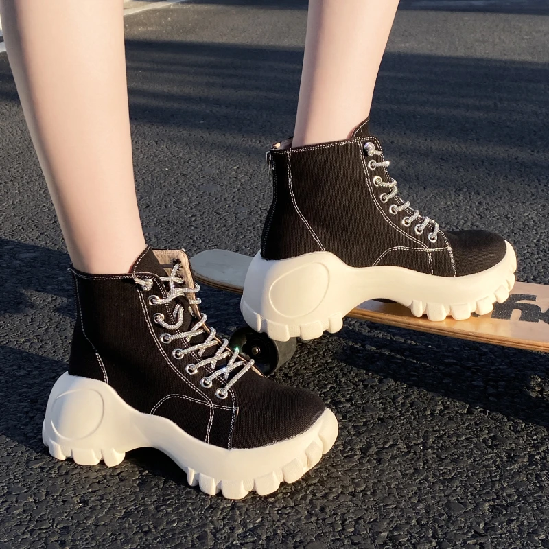 

Canvas Chunky Platform Ankle Boots Women 2022 Autumn Lace Up Wedges Shoes Woman Mix Color Thick Bottom Short Botas Feminina