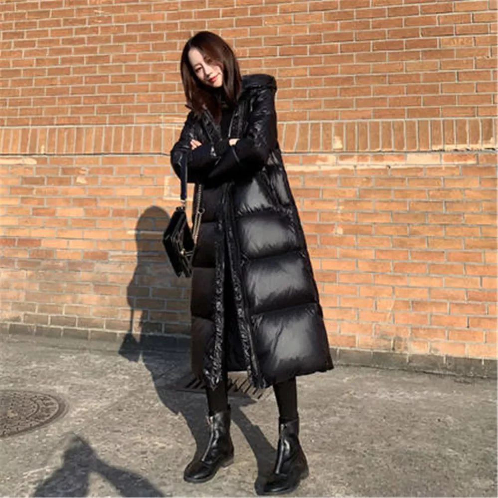 New2022 Glossy Parka Coat Women's 2021 Fashion Thicken Winter Hooded Loose Long Jacket Female Windproof Rainproof Warm Outwe