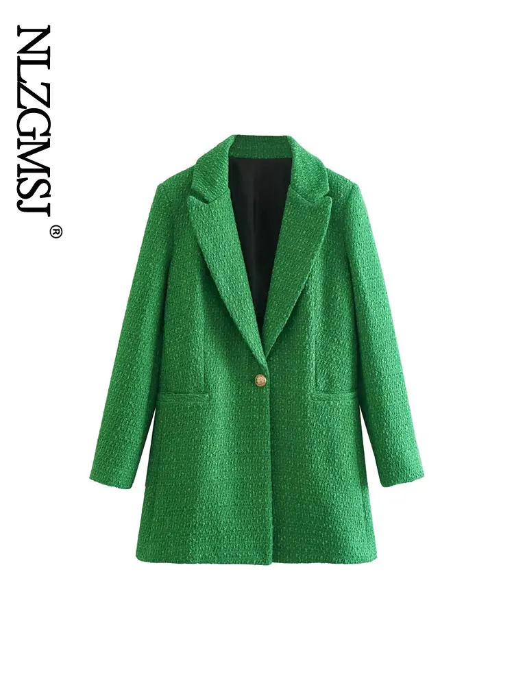 

Nlzgmsj 2023 Spring Women Jacket Button Tweed Coats Female Casual Thick Green Blazers Outerwear