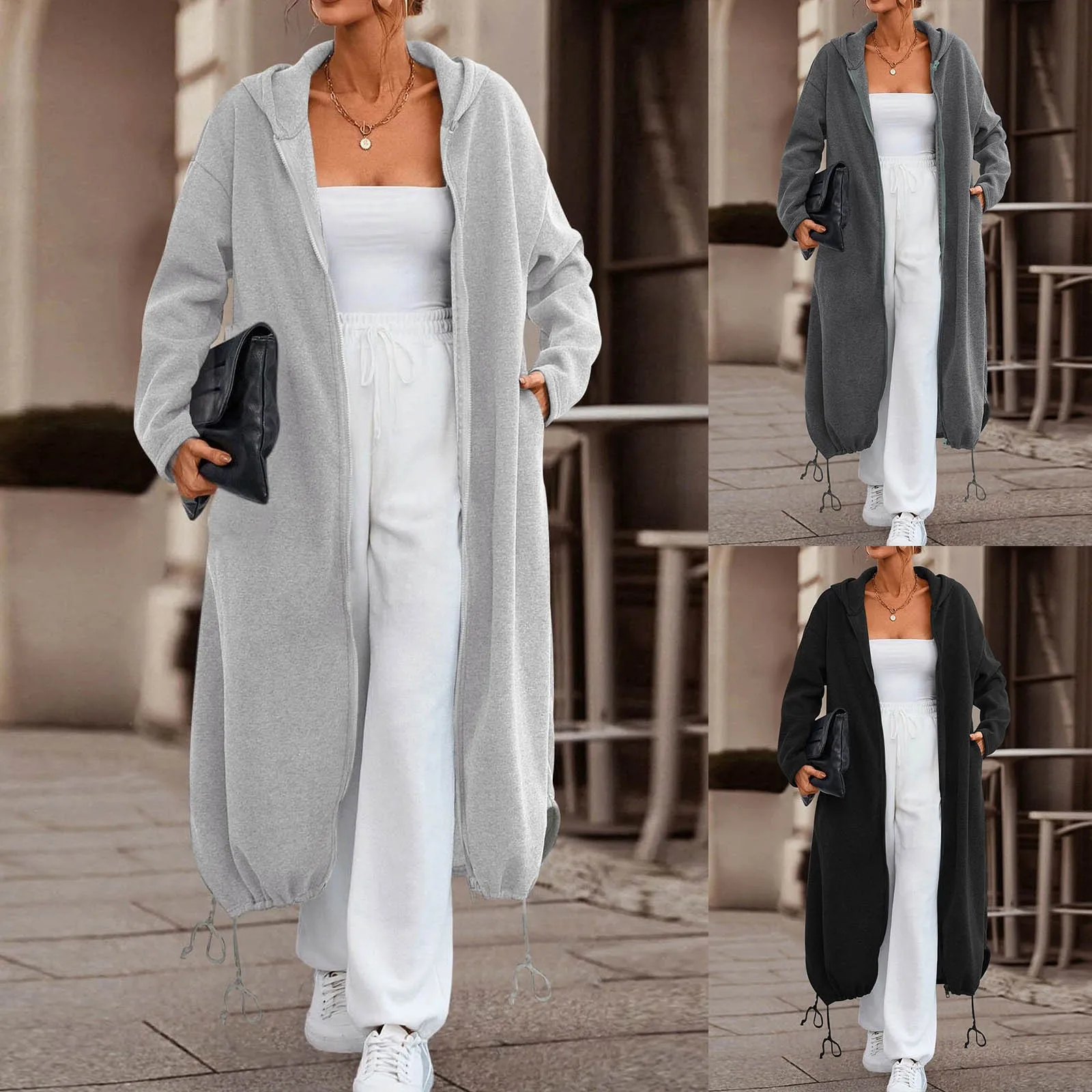 Свободный длинный кардиган Fti на молнии Женский однотонный Повседневный свитер с