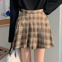 2022 spring new fashion women pleated mini skirts high waist a line slim thin faldas cortas mujer plaid folds casual jupe femme