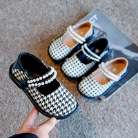 kids girls houndstooth shoes 2022 fashion spring girls pearls shoes children flat casual princess dress mary janes for party