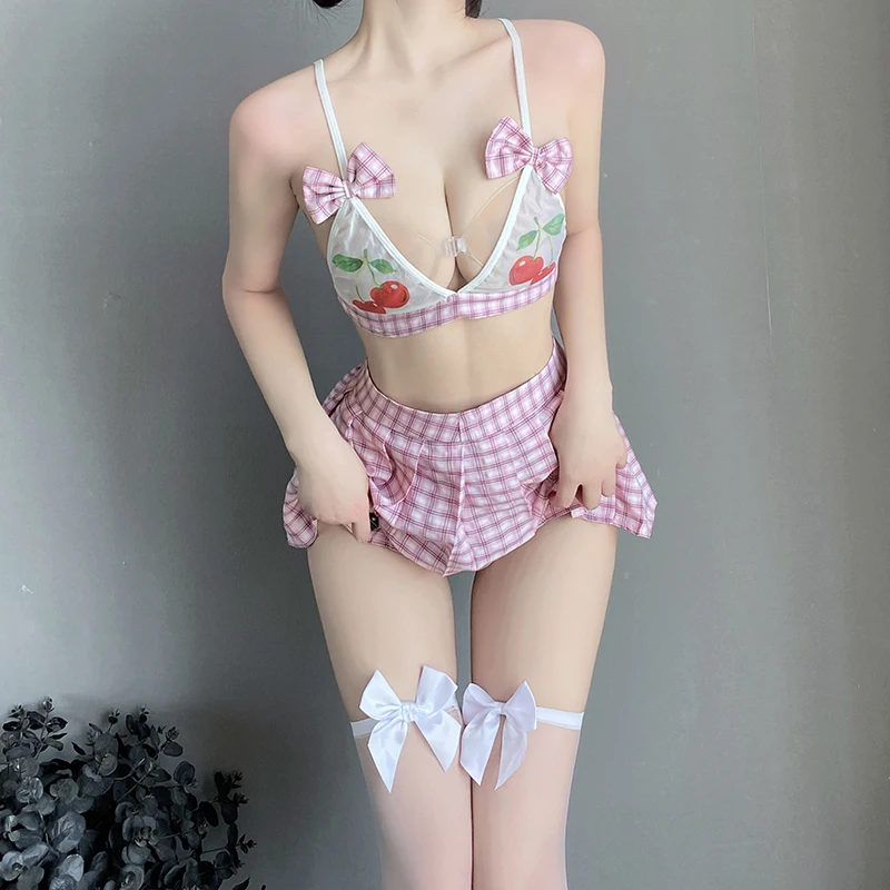 

Japanese Vneck Mesh Female Students Sexy Underwear Set Backless Plaid Pleated Small Short Skirt See-through Cosplay Clothing New